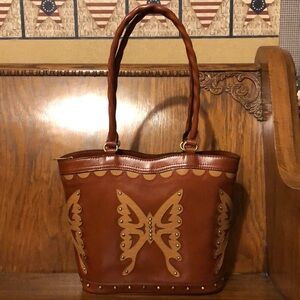 NWT-Patricia Nash-Western Lux-Malta Satchel-Butterfly Applique-Studded-Tan-$349
